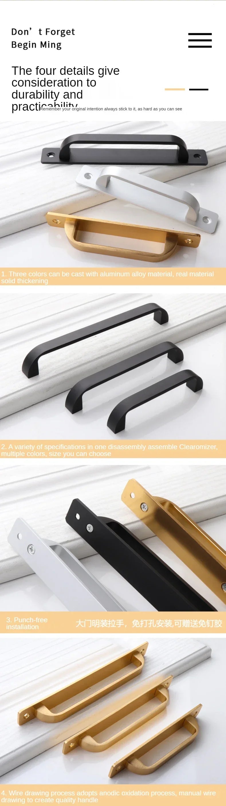 Door/Window Handle Balcony Wooden Sliding Door Handle Golden Aluminum Alloy Warehouse Door Black Kitchen Handle