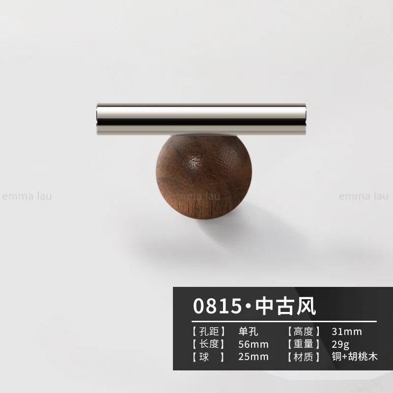 Modern Walnut Wood Brass Cabinet Door Handle Silver Wardrobe Cupboard Furniture Pulls Single Hole Drawer Knobs Cabinet Handles