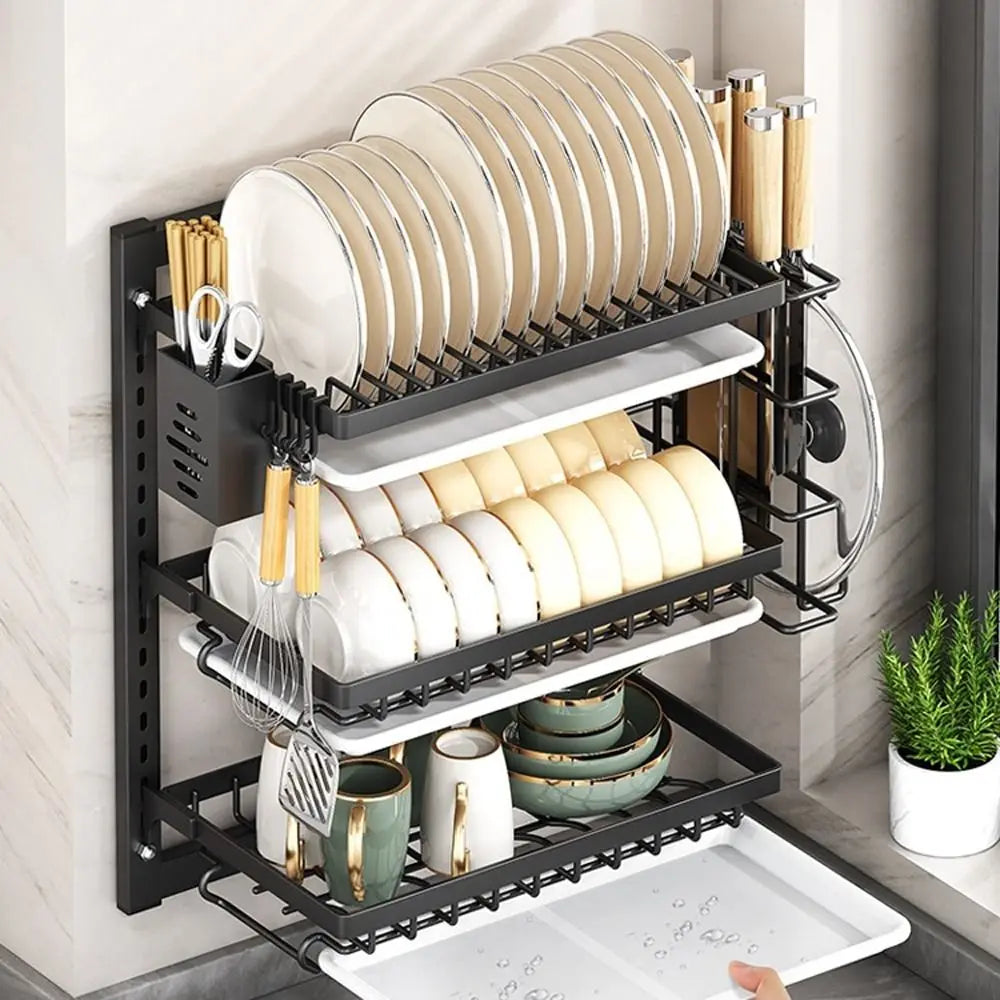 Wall Mounted Dish Drying Rack 2 Layer Rust-Proof Kitchen Storage Rack Compact Large Capacity Drain Tray Household