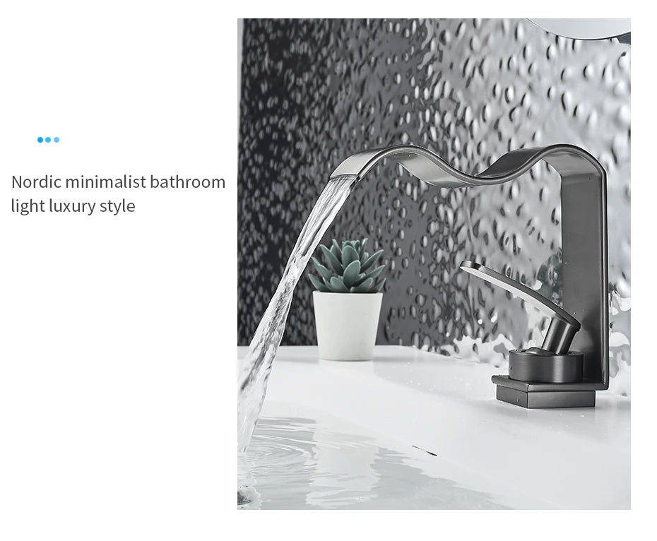 Basin Faucet Waterfall Black with Brushed Bathroom Basin sink Faucet Cold and Hot Water Mixer Single Handle Bathroom Taps 855951