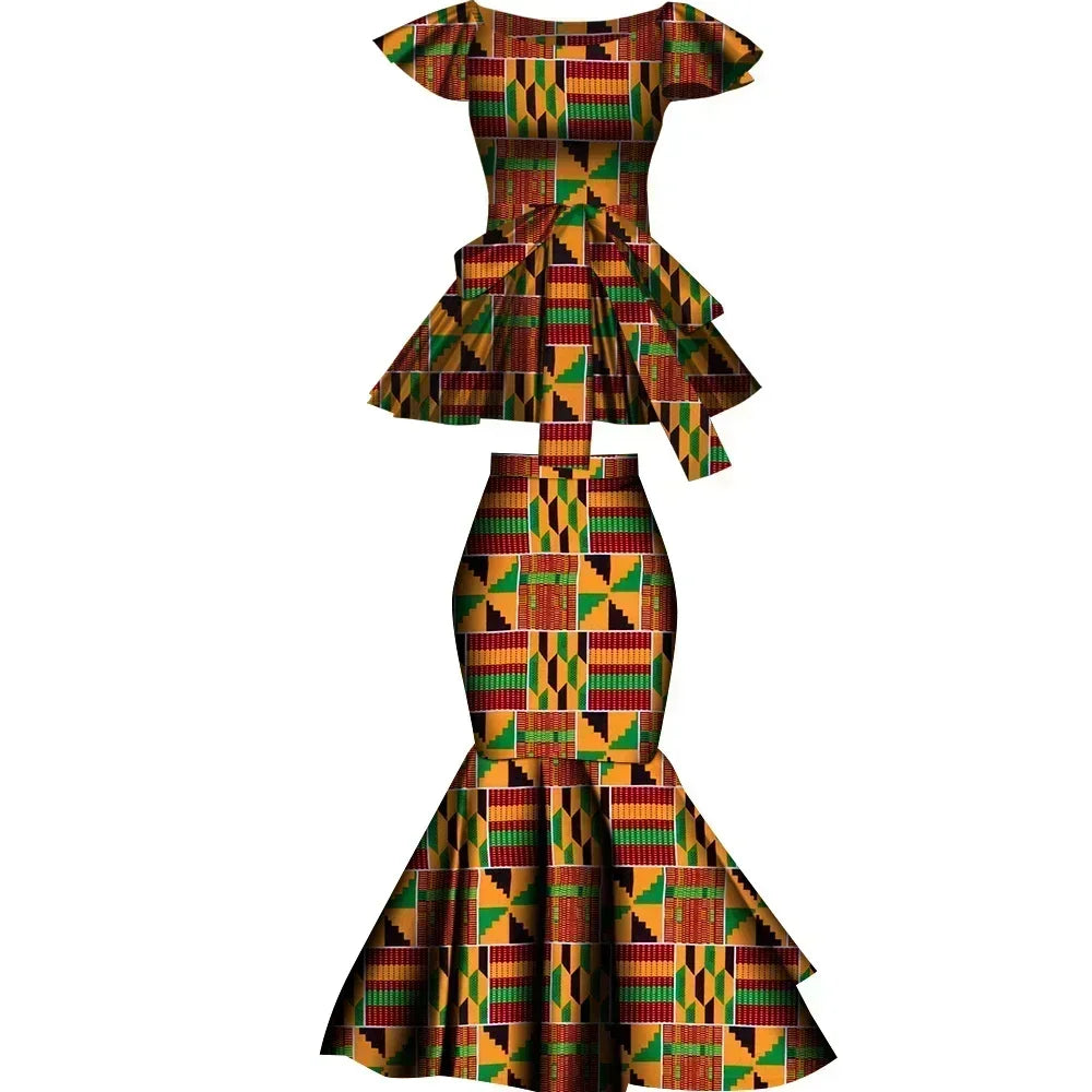 African Two Pcs Set Flared Skirt and Top Dashiki Wax Print Cotton Plus Size Party Clothing WY10076