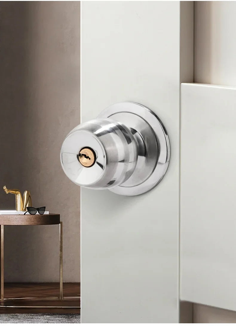 Stainless Round Door Knobs Rotation Lock Knobset Handle with Key for Bedrooms Bathrooms Utility Room Hardware Accessories
