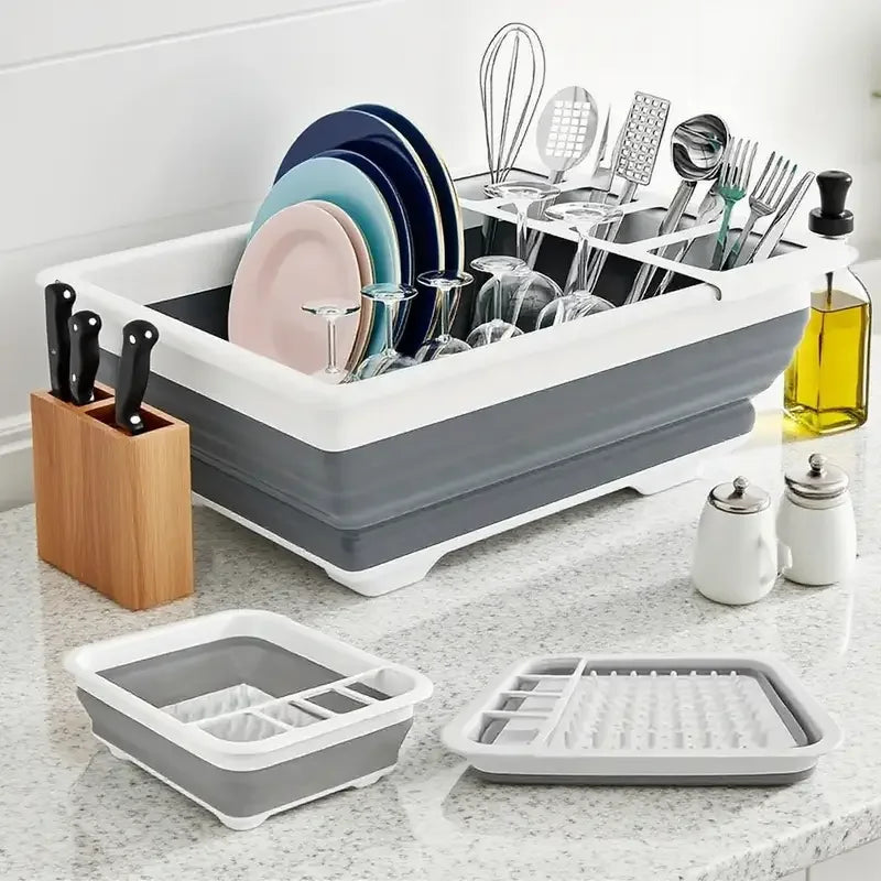 Foldable Dish Drying Rack with Utensil Holder,Space-Saving Plastic Plate Rack for Home,RV,Camping,Foldable Sink Drain for Travel