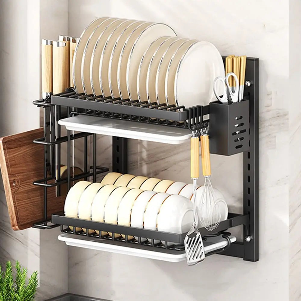 Wall Mounted Dish Drying Rack 2 Layer Rust-Proof Kitchen Storage Rack Compact Large Capacity Drain Tray Household