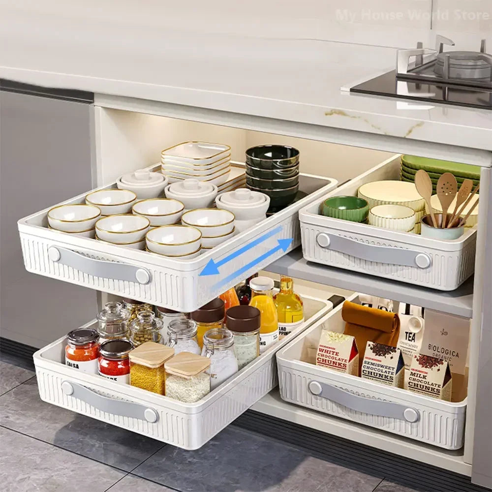 Kitchen Drawer Storage Rack with Slide Rails Pull-out Cabinet Organizer Free Installation Non Punched Easy To Clean Storage Box