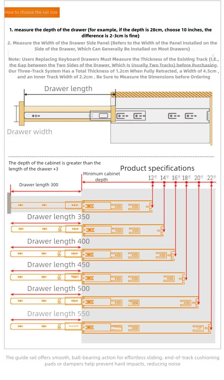 Heavy duty cold-rolled steel drawer slide rail -3-section soft closing damping rail, silent cabinet slide rail