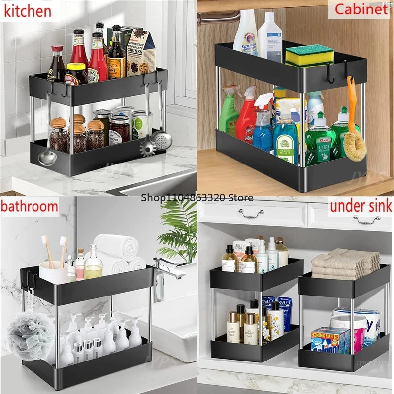 1/2 Pcs Under Sink Storage Organizer 2 Tier Drawer Multipurpose Rack Cabinet Under Sink Storage Rack Bathroom Kitchen Organizer