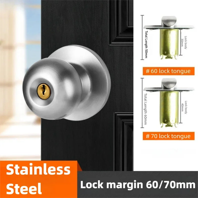 New Stainless Steel Round Ball Door Knobs Handle Passage Entrance Lock Entry for Bedrooms Living Rooms Hardware Accessories