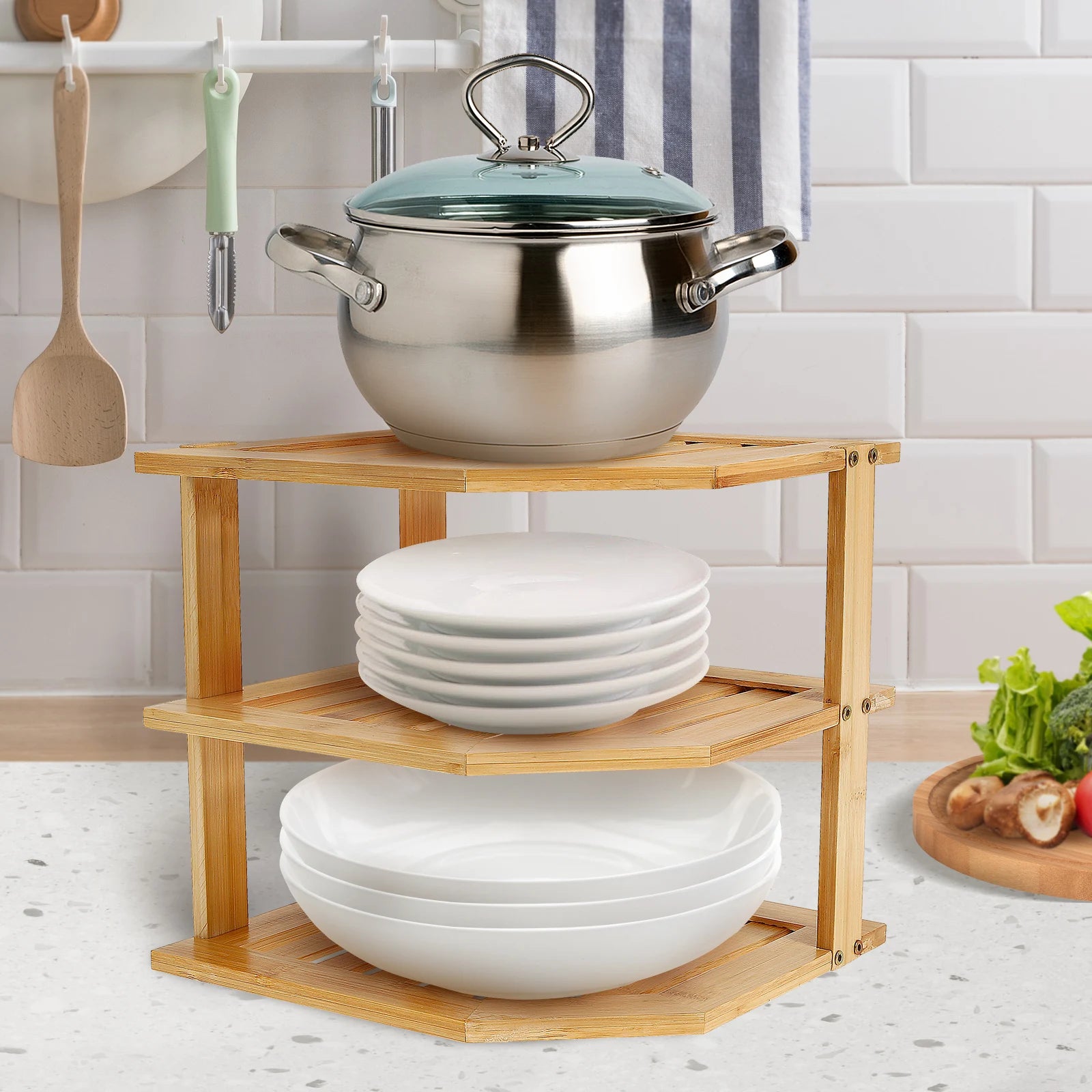 3 Tier Cabinet Organizer Shelf for Kitchen Storage Sturdy Plate Organizer Bamboo Corner Shelf Dish Rack for Cabinet Countertop
