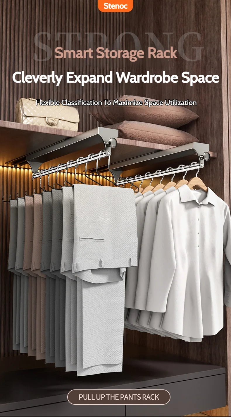 Pull Push Adjustable Top Mounting Closet Interior Telescopic Hanging Rod Cloakroom Retractable Slide Track Clothes Organizer