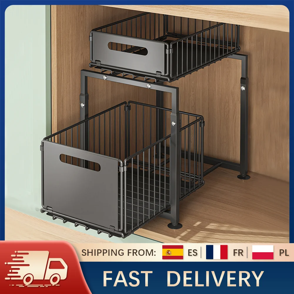 2-Tier Pull Out Cabinet Organizer Drawer Height Adjustable Kitchen Rack for Cabinet Under Sink Organizer Spice Jar Storage Shelf