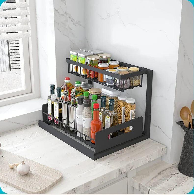 Under Sink 2 Tier Sliding Cabinet Basket Organizer Drawer Pull Out Cabinet Multi-Purpose Sink Organizer for Bathroom Kitchen