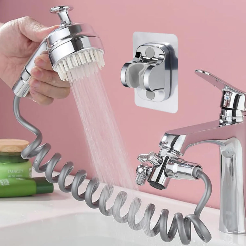Washbasin hand shower set, with external hand shower head and hose, suitable for shampooing, pet showering, and bathroom use.