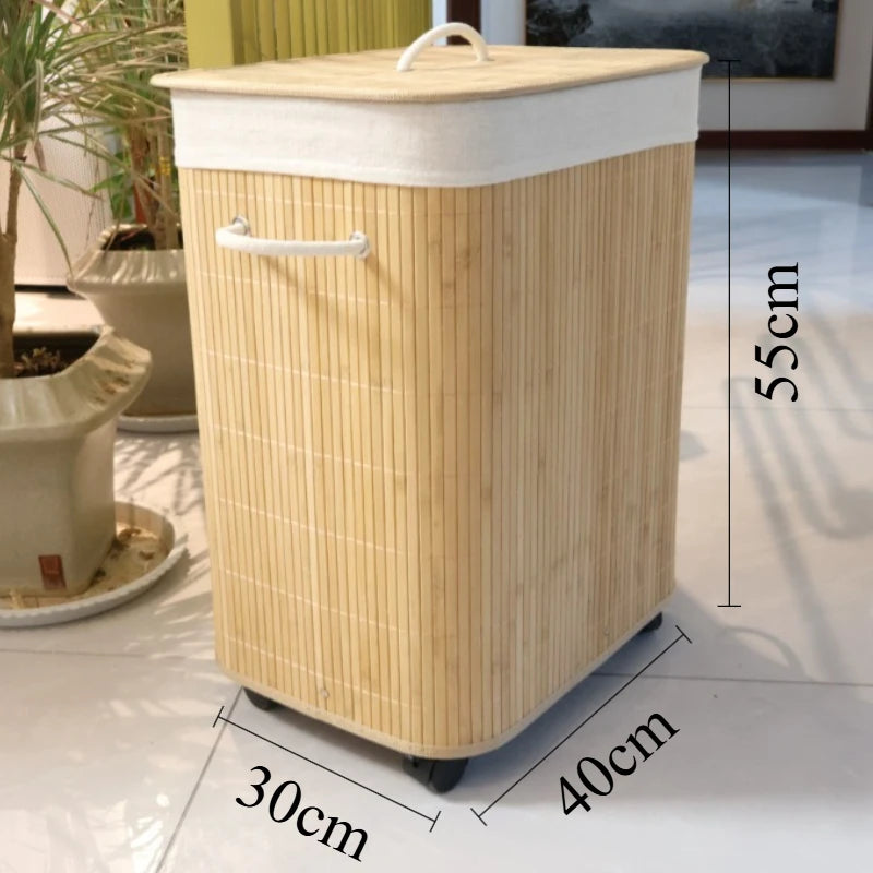 Dirty Laundry Basket Folding Storage Baskets Bamboo Clothes Storage Box with Lid Multifunctional Organizer Boxes with Wheels