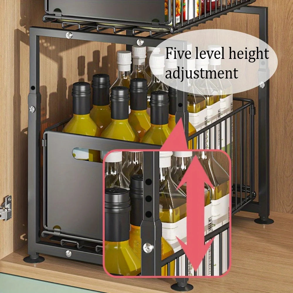 Adjustable Under-Sink Organizer - Pull-Out Spice Rack & Storage Basket | Customizable Cabinet Shelf System