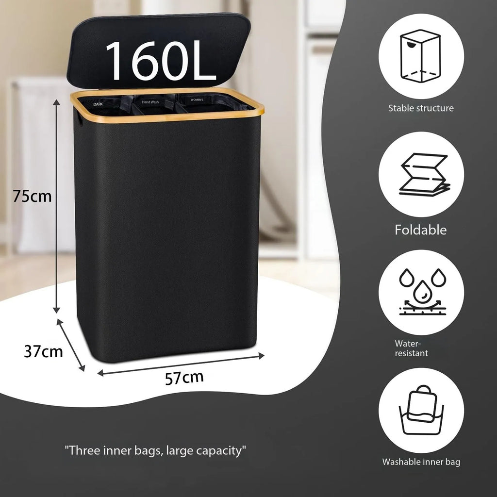 Dirty clothes basket bamboo basket bedroom with inner pocket with lid foldable  clothes storage basket with classification label