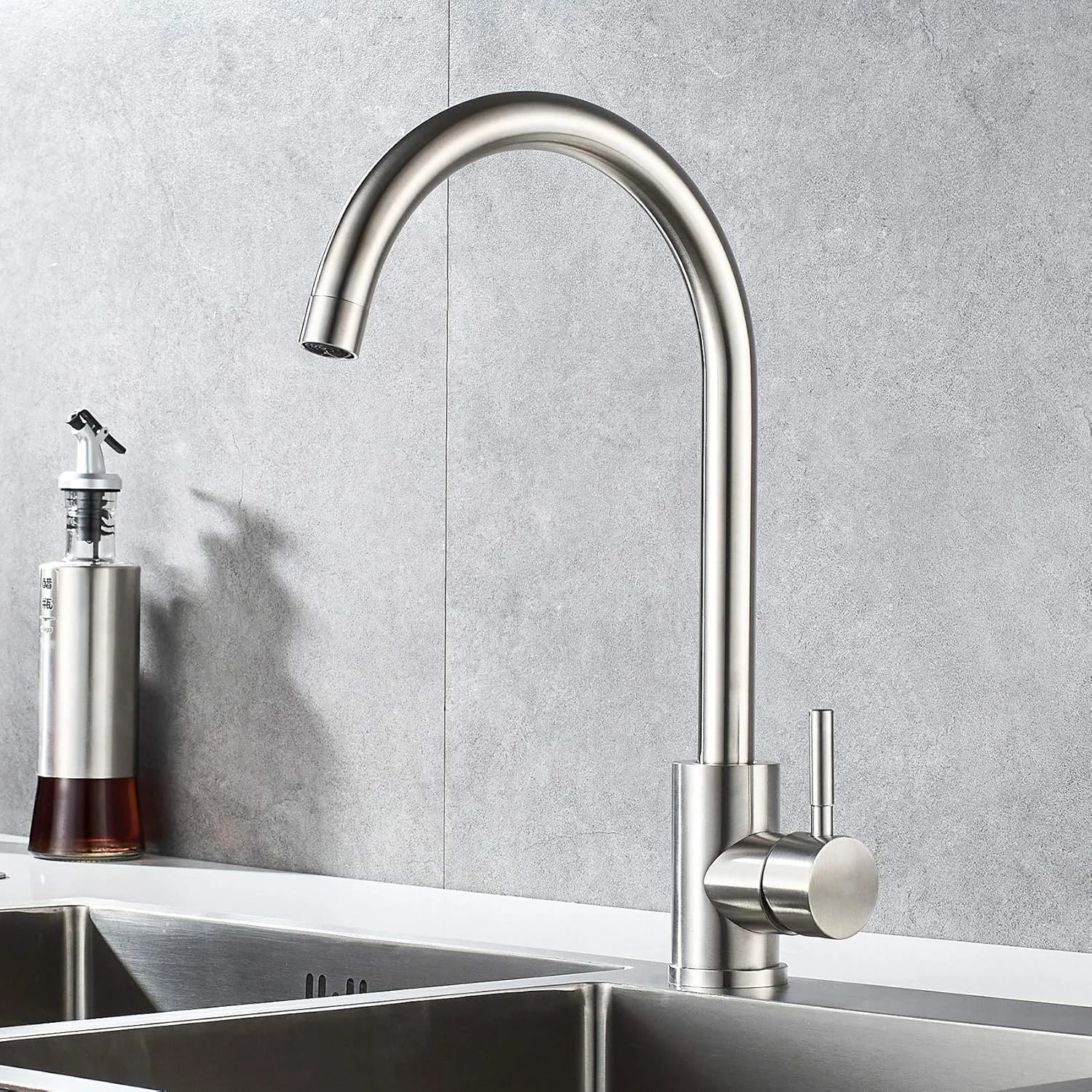Kitchen sink mixer tap with hose, stainless steel 360° single handle single hole swivel spout, high arc single hole basin tap, h