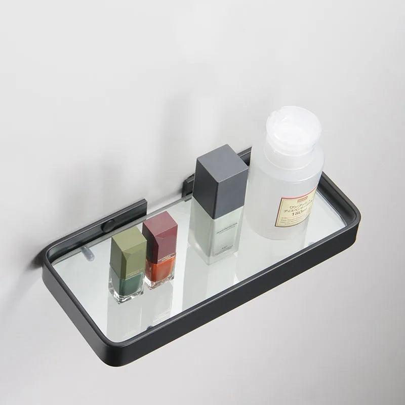 Black Bathroom Corner Rack 25-45cm Wall-mounted Bathroom Shower Rack Aluminum Toilet Storage Rack Glass Bathroom Shelf