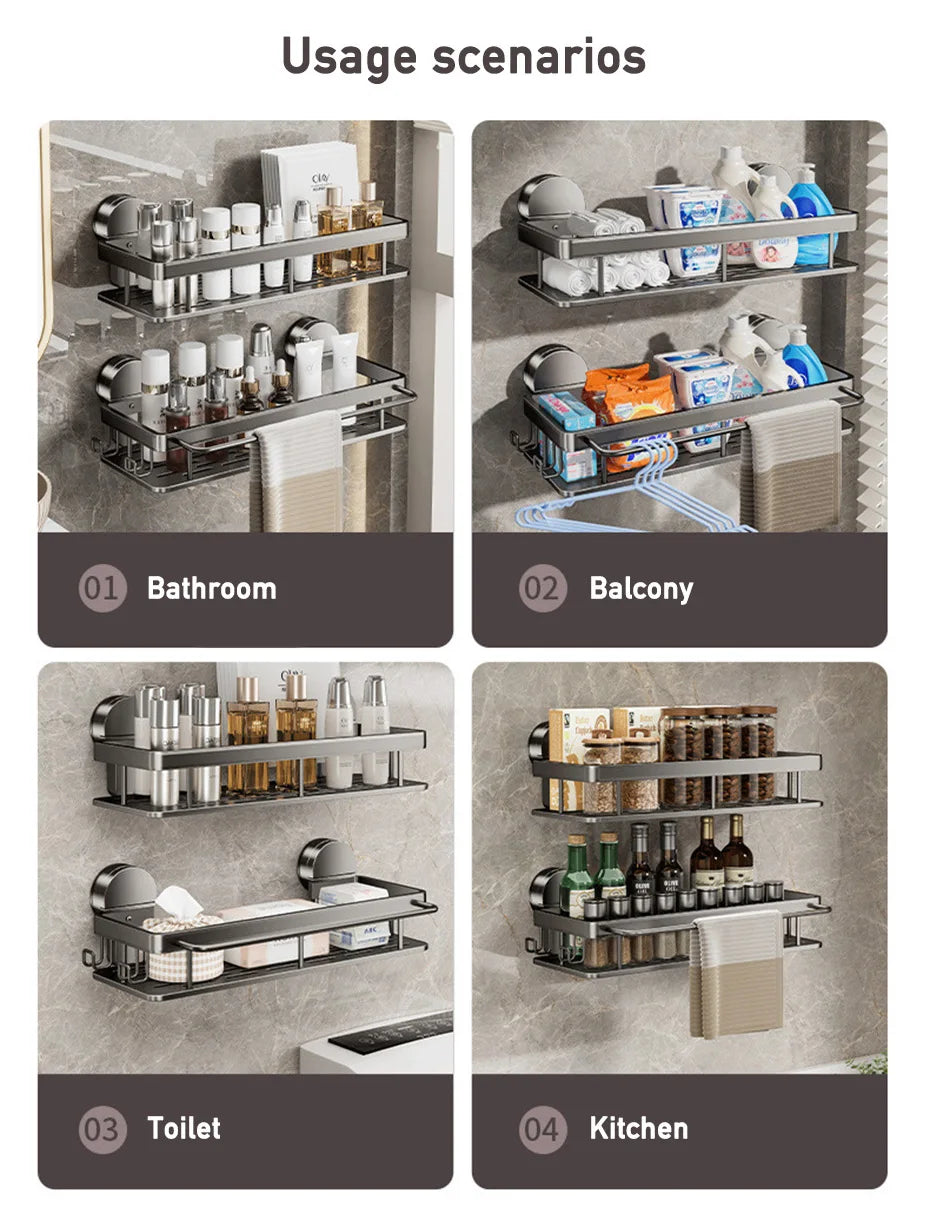 Bathroom Suction Cup Storage Rack Without Drilling Kitchen Toilet Shower Room Shampoo Holder Wall Mount Organizer Bathroom Shelf