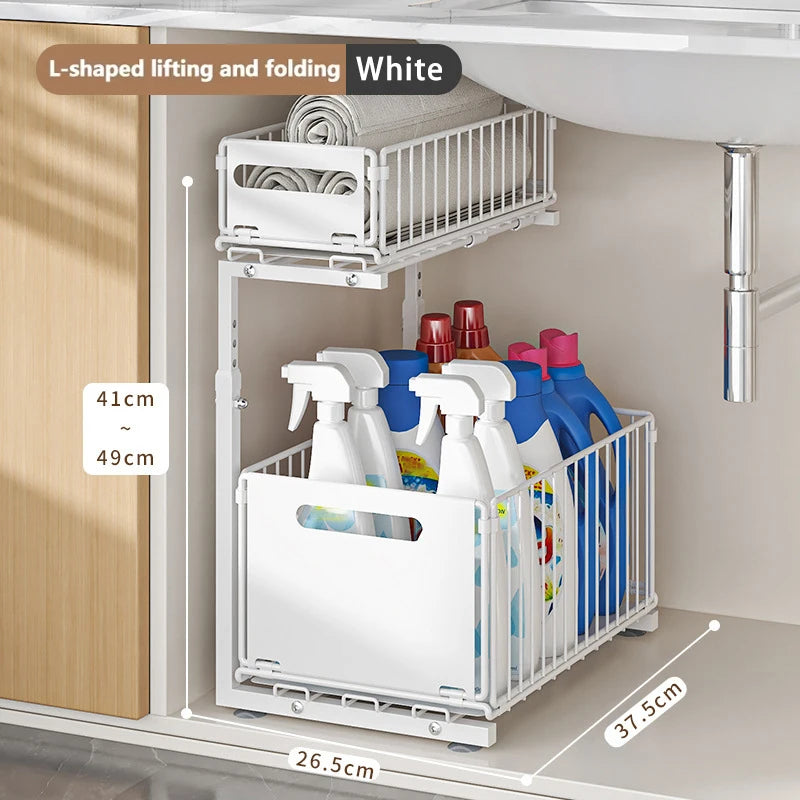 2 Tier Under Sink Organizer Adjustable Pull Out Cabinet Organizer Slide Out Kitchen Storage Racks Thickened Metal Sliding Drawer