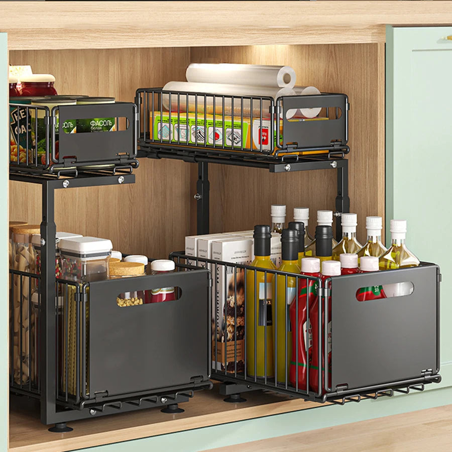 Pull-Out Under Sink Organizer, 2-Tier Adjustable Height Sliding Shelf for Kitchen/Bathroom Cabinet Storage, Black & White