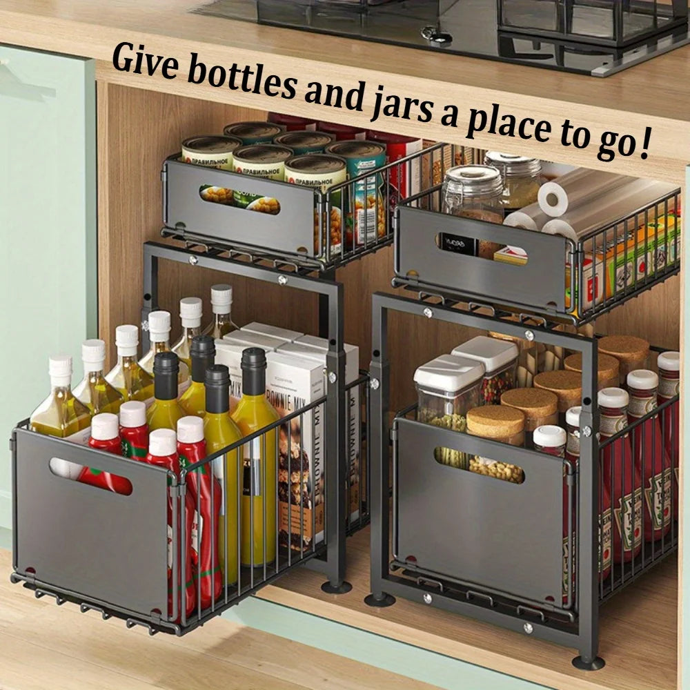 Adjustable Under-Sink Organizer - Pull-Out Spice Rack & Storage Basket | Customizable Cabinet Shelf System