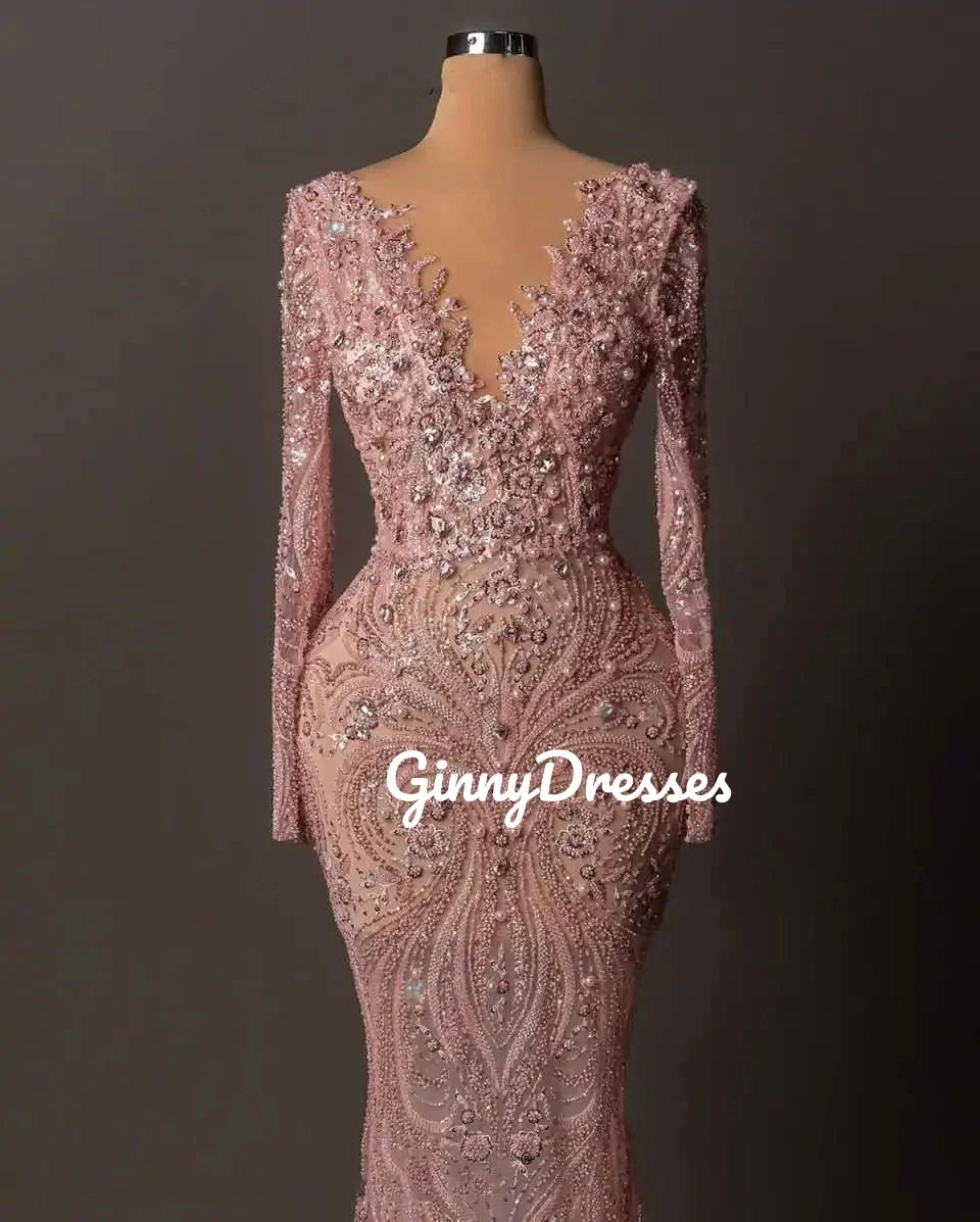 Dubai Customize Luxury Evening Dresses Mermaid V-Neck Floor-Length Wedding Party Dress Lace Long Sleeves Dresses For Special Eve