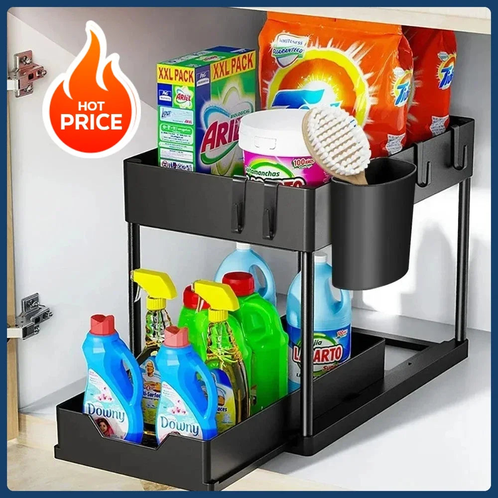 2 Tier Under Sink Organizer Sliding Cabinet  Organizer Storage Rack with Hooks Hanging Cup Bathroom Kitchen Organizer