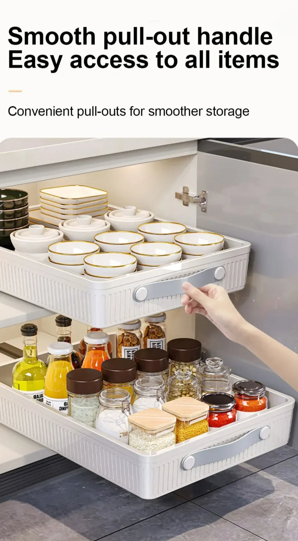Kitchen Drawer Storage Rack with Slide Rails Pull-out Cabinet Organizer Free Installation Non Punched Easy To Clean Storage Box