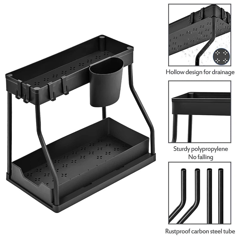 Under Sink Organizers 2 Tier Under Bathroom Cabinet Holder With Hooks & Hanging Cup, Multi-Purpose Storage Shelf For Kitchen