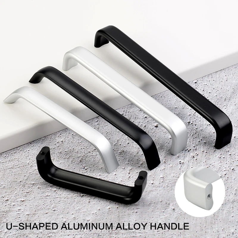 Modern Furniture Handles Black Wardrobe Door Pulls Silver Long Drawer Pulls Bathroom Cabinet Handle Aluminum Alloy Curved Handle