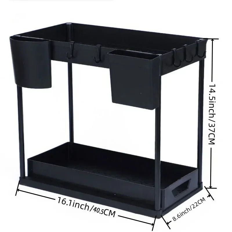 Under Sink Organizer, Sliding Cabinet Basket Organizer, Storage Rack with Hooks, Hanging Cup, Bathroom Kitchen Organizer, 2 Tier