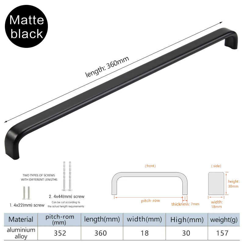 Modern Furniture Handles Black Wardrobe Door Pulls Silver Long Drawer Pulls Bathroom Cabinet Handle Aluminum Alloy Curved Handle
