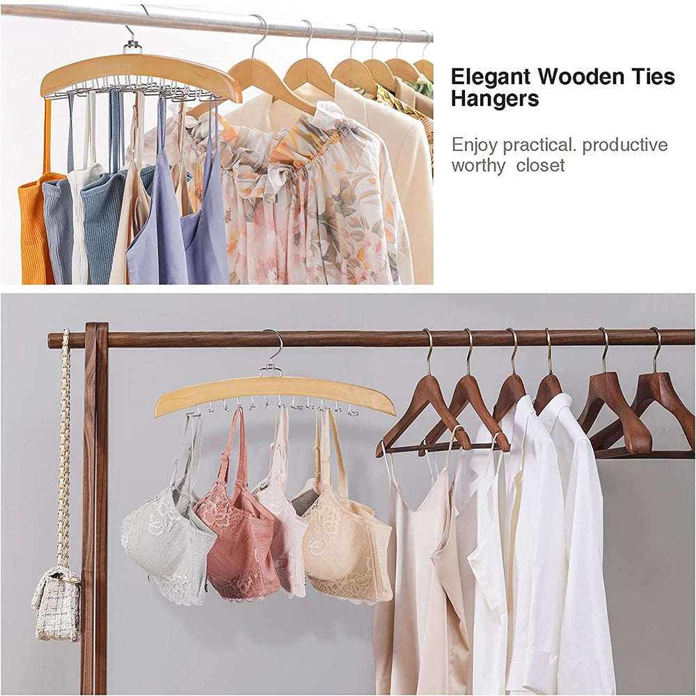 Tie Rack Tie Hanger 24 Hooks Wooden Tie Organizer, Tank Top Hanger, Belt Organizer for Closet,with Upgraded 360°Rotating, Belts