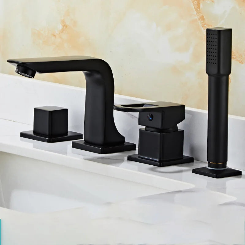 Bathroom Basin Faucet Widespread Bathtub Faucet Sink Mixer Tap 4-Holes Tub Filler with Pull Out Shower Sprayer Deck/Wall Mount