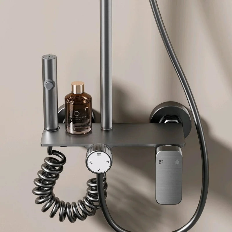 Bathroom Multifunction Shower System Set Household Rotary Knob Hot and Cold Water Pressurize Gunmetal Gray Aluminum Shower Set