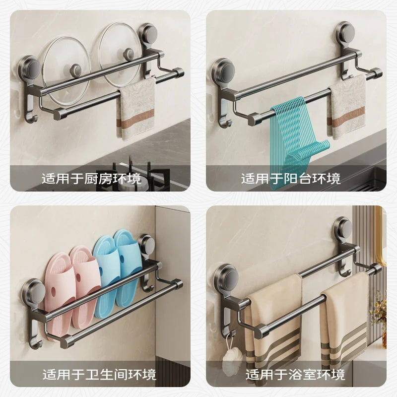 Towel Rack Bathroom No-Drill Storage Rack Suction Cup Wall-Mounted Towel Rack Toilet Bathroom Double Towel Hanging Rod