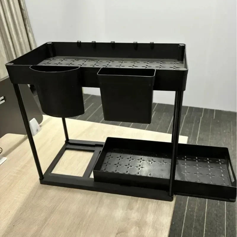Under Sink Organizer, Sliding Cabinet Basket Organizer, Storage Rack with Hooks, Hanging Cup, Bathroom Kitchen Organizer, 2 Tier