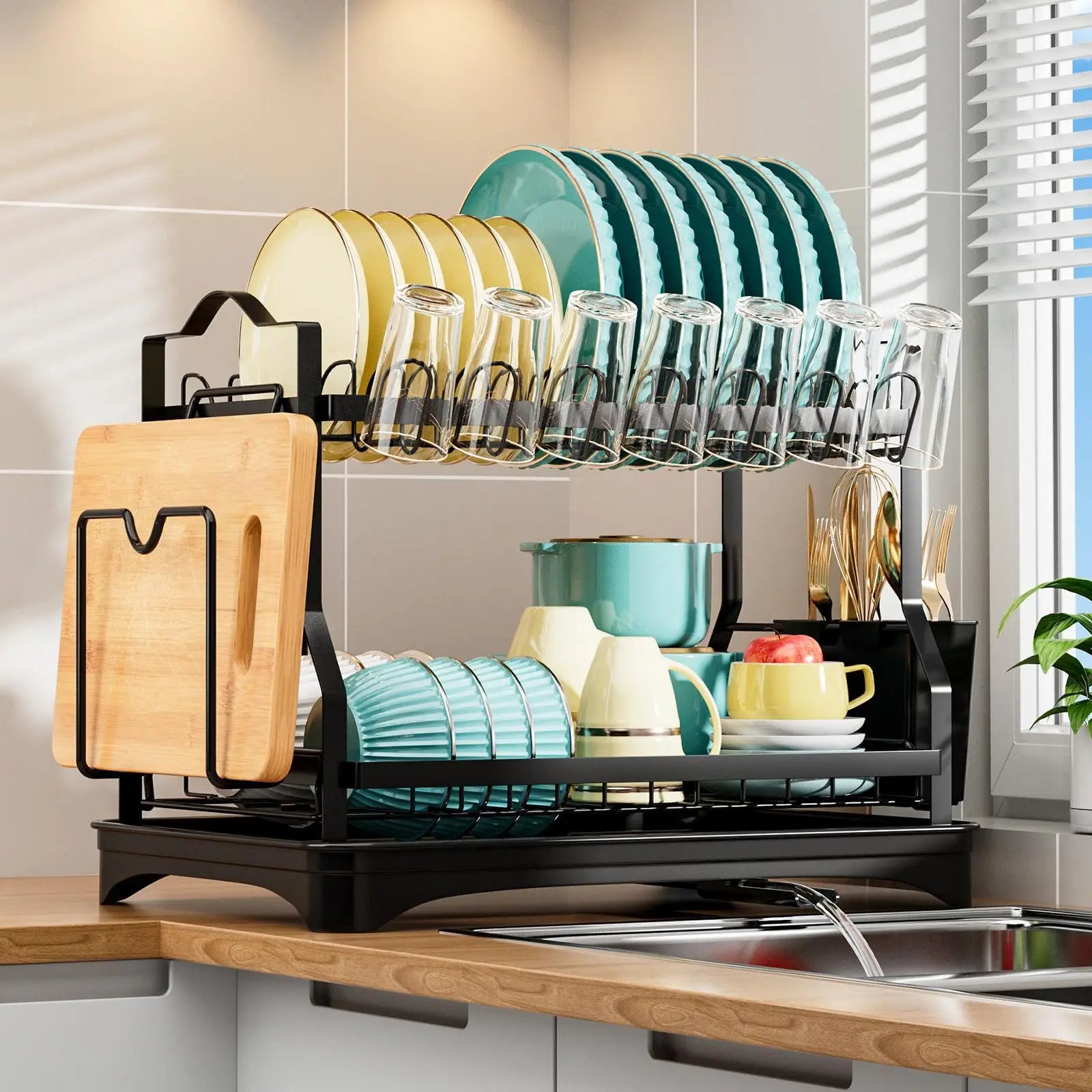 2 Tier Dish Drying Rack Storage Cutting Board Holder Large Capacity Dish Drainer Organizer Plate Drainer Rack for Cutlery Bowls