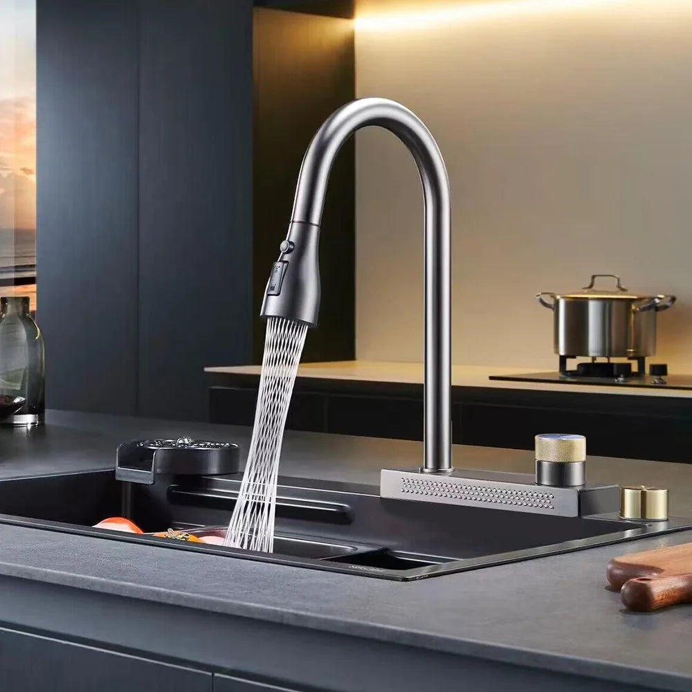 Waterfall Kitchen Sink Faucet with 4 Modes Pull Out Spout Stainless Steel Black One Hole Deck Mounted Kitchen Water Mixer Tap