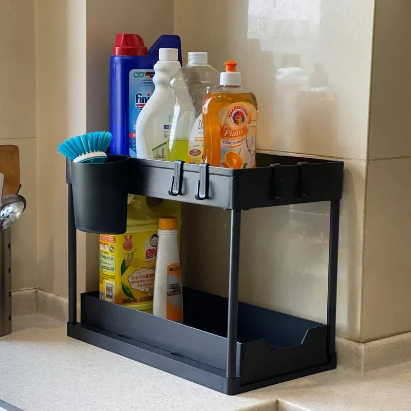 Under Sink Organizer and Storage, Kitchen Organization Rack with Double Sliding Cabinet Drawers, Multi-Purpose Storage Shelf Hol