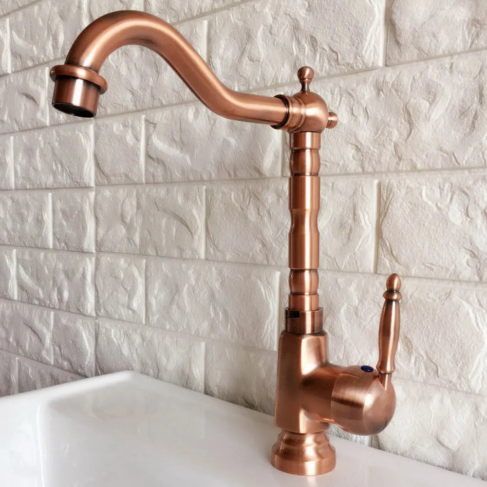 Antique Red Copper Kitchen Sink Faucet Swivel Spout Washbasin Faucets Cold and Hot Water Mixer Bathroom Taps Deck Mounted lnf401