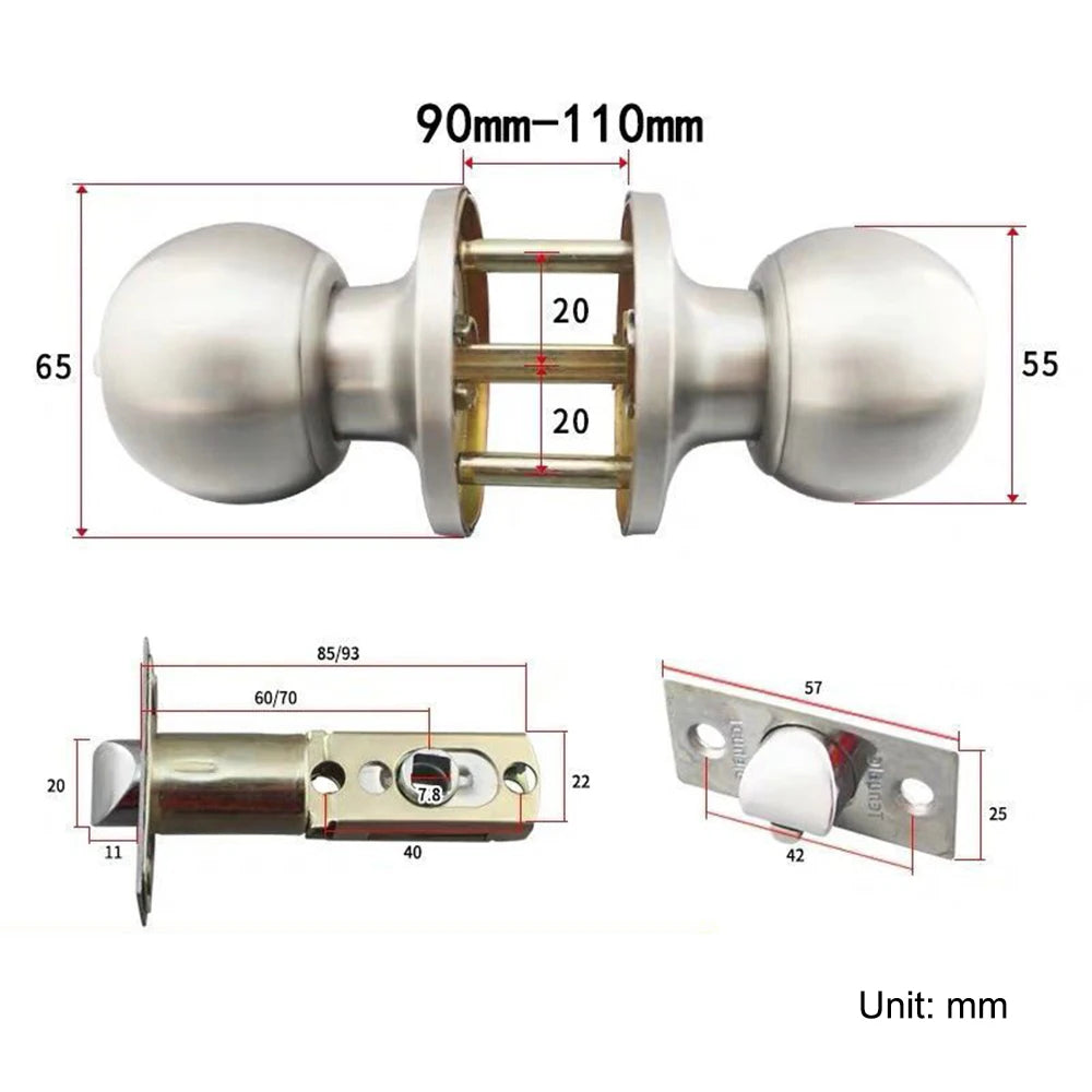 Interior Round Ball Door Knobs, Key Handles, Stainless Steel Locksets for Bathroom, Bedroom