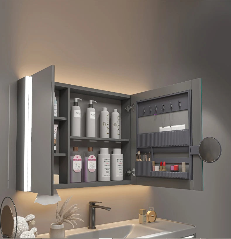 Bathroom Furniture Mirror Cabinet Modern Solid Wood Bathroom Smart with Light Defogging Beauty Mirror with Storage Locker