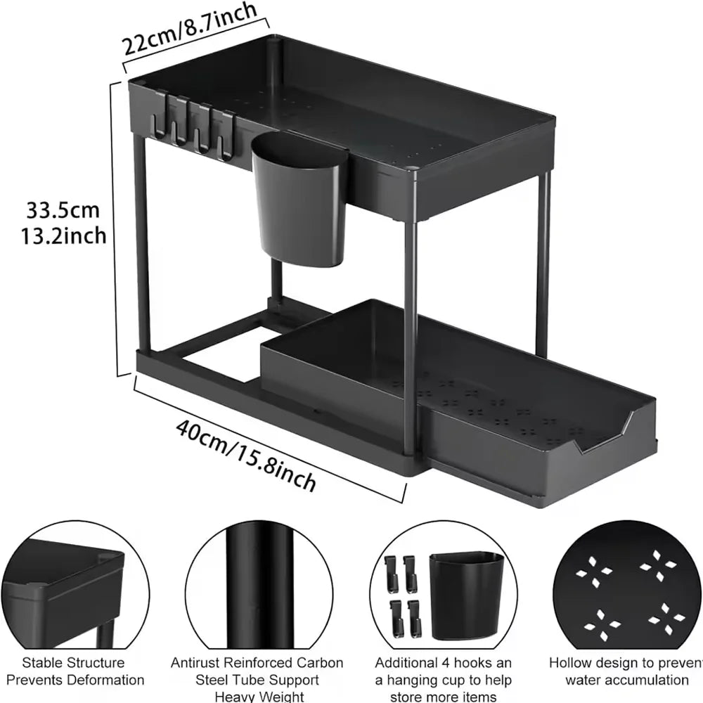 Under-Sink Pull-Out Storage Organizer: Slim Slide-Out Shelf for Kitchen Cabinets | Multi-Functional Space Saver Storage Rack