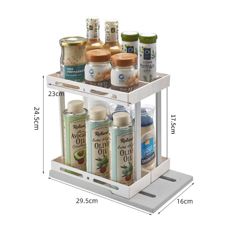 2 Tier Pull-out and Rotate Kitchen Spice Rack Multi-Function Seasoning Organizer for Kitchen Cabinet Pantry Counter-Top Supplies