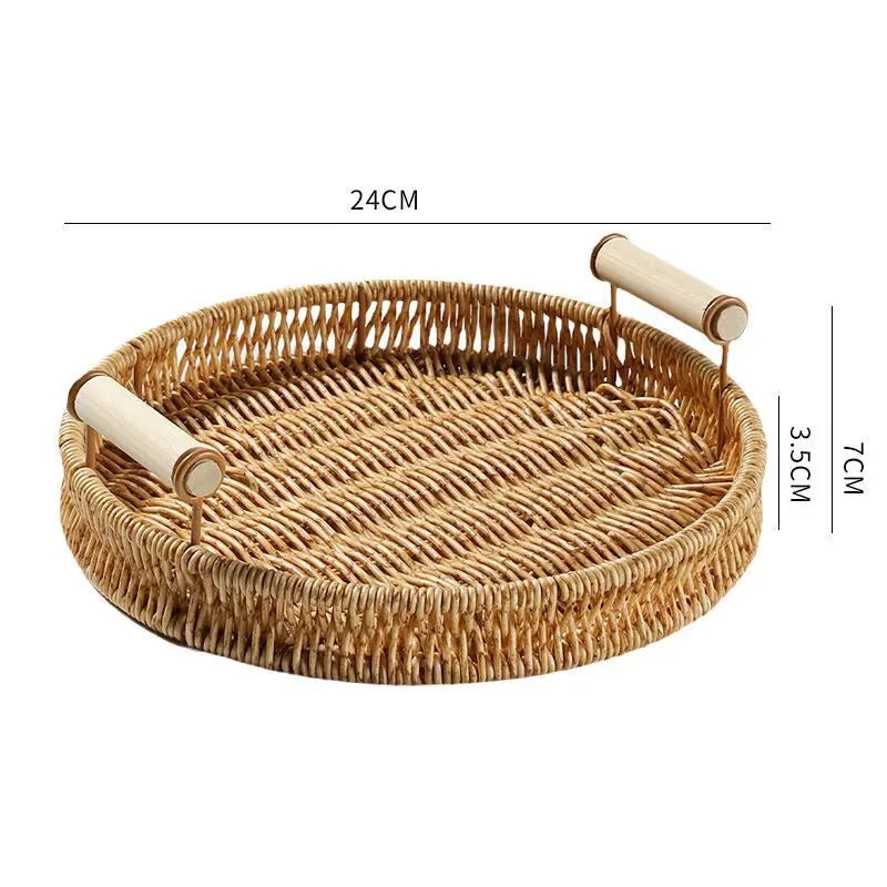 Plastic Storage Tray With Handle Imitation Rattan Weaving Basket Sundries Plate Fruit Platter Tea Tray Dinner Serving Tray