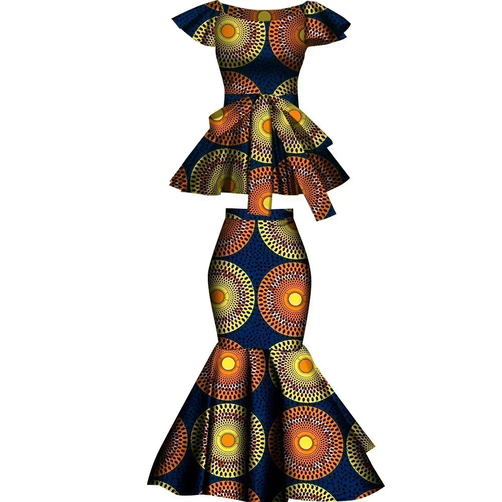 African Two Pcs Set Flared Skirt and Top Dashiki Wax Print Cotton Plus Size Party Clothing WY10076