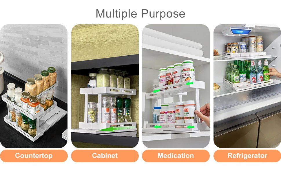 2 Tier Pull-out and Rotate Kitchen Spice Rack Multi-Function Seasoning Organizer for Kitchen Cabinet Pantry Counter-Top Supplies