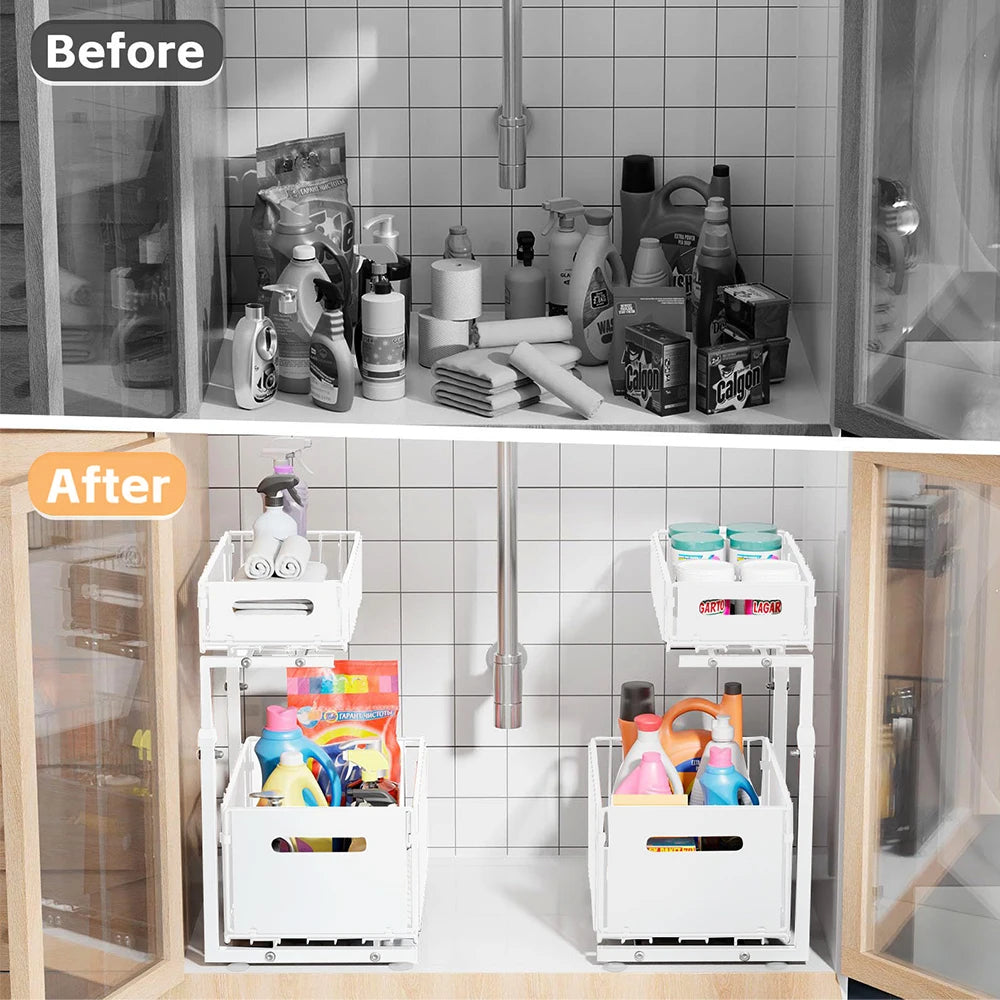 2 Tier Under Sink Organizer Adjustable Pull Out Cabinet Organizer Slide Out Kitchen Storage Racks Thickened Metal Sliding Drawer